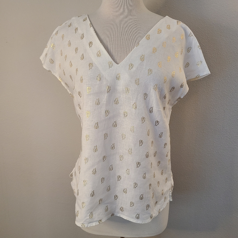 Boden White Linen Gold Leaf Print Top